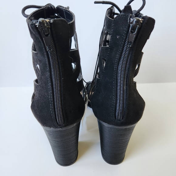 Rue 21 Peep Toe Lace Up Booties Black Back Zipper Block Heel Sexy Cute Size 9 - Picture 8 of 12